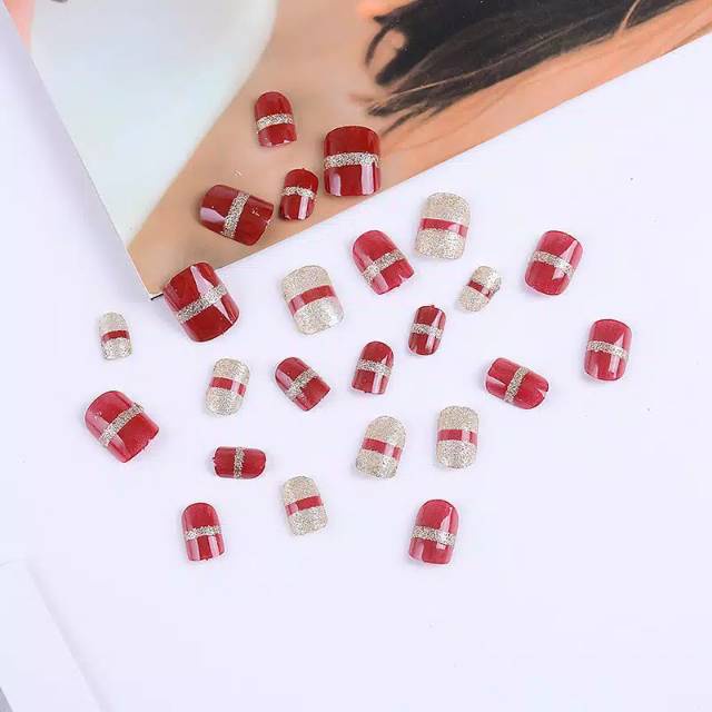 Kuku Palsu 3D Full Berlian Imitasi Untuk Pengantin Wanita Maroon Stripe