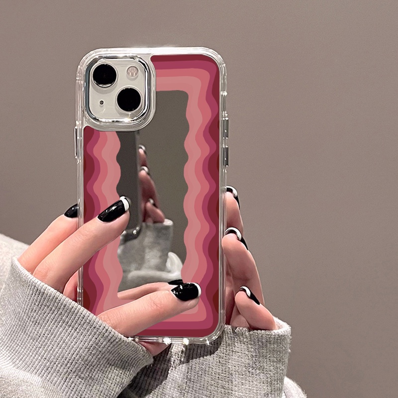 IPHONE Casing Ponsel Cermin Gelombang Pink Ungu Kompatibel Untuk Iphone11 12 13 14 12Pro 13Pro 14Pro Pro Max XR X XS Max Electroplating Tombol Perlindungan Mirror Cover