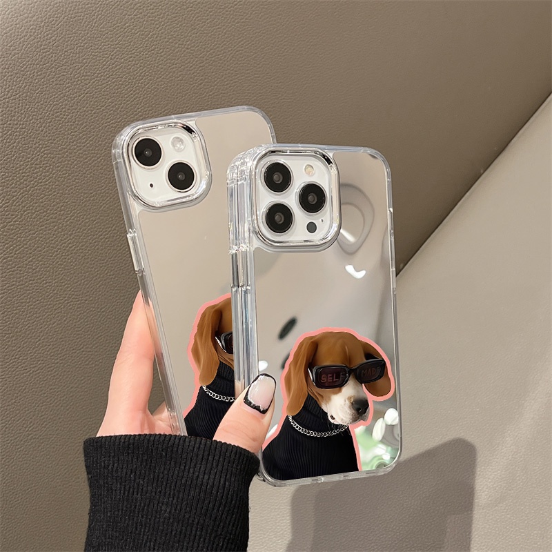 IPHONE Kacamata Hitam Keren Dog Mirror Phone Case Kompatibel Untuk Iphone11 12 13 14 12Pro 13Pro 14Pro Pro Max XR X XS Max Electroplating Tombol Perlindungan Mirror Cover