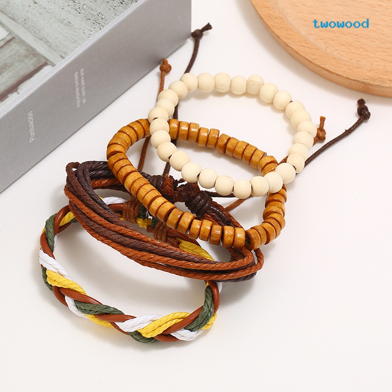 Twowood Retro Tenun Tangan diy Empat Potong Gelang Kulit Sederhana Tali Rami Tali Tangan