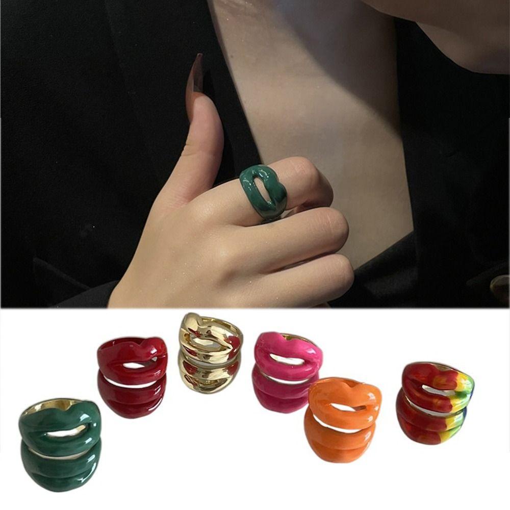 Mxbeauty Cincin Bibir Geometris Kepribadian Harian Retro Drip Glazed Wanita Perhiasan Fashion Design Multicolor Gaya Korea Gesper Jari Untuk Pesta