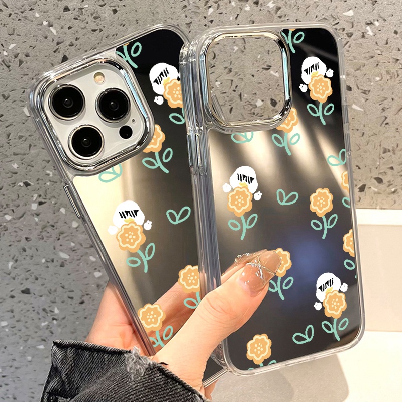 IPHONE Casing Ponsel Cermin Bunga Kuning Kompatibel Untuk Iphone11 12 13 14 12Pro 13Pro 14Pro Pro Max XR X XS Max Electroplating Tombol Perlindungan Mirror Cover