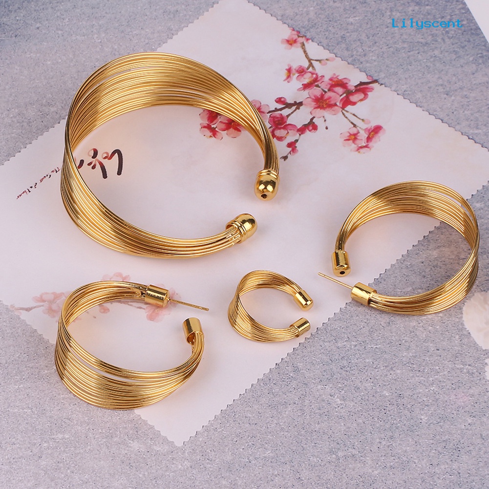 [LS]4Pcs /Set Exotic Nigeria Bridal Lingkaran Kalung Anting Gelang Cincin Perhiasan