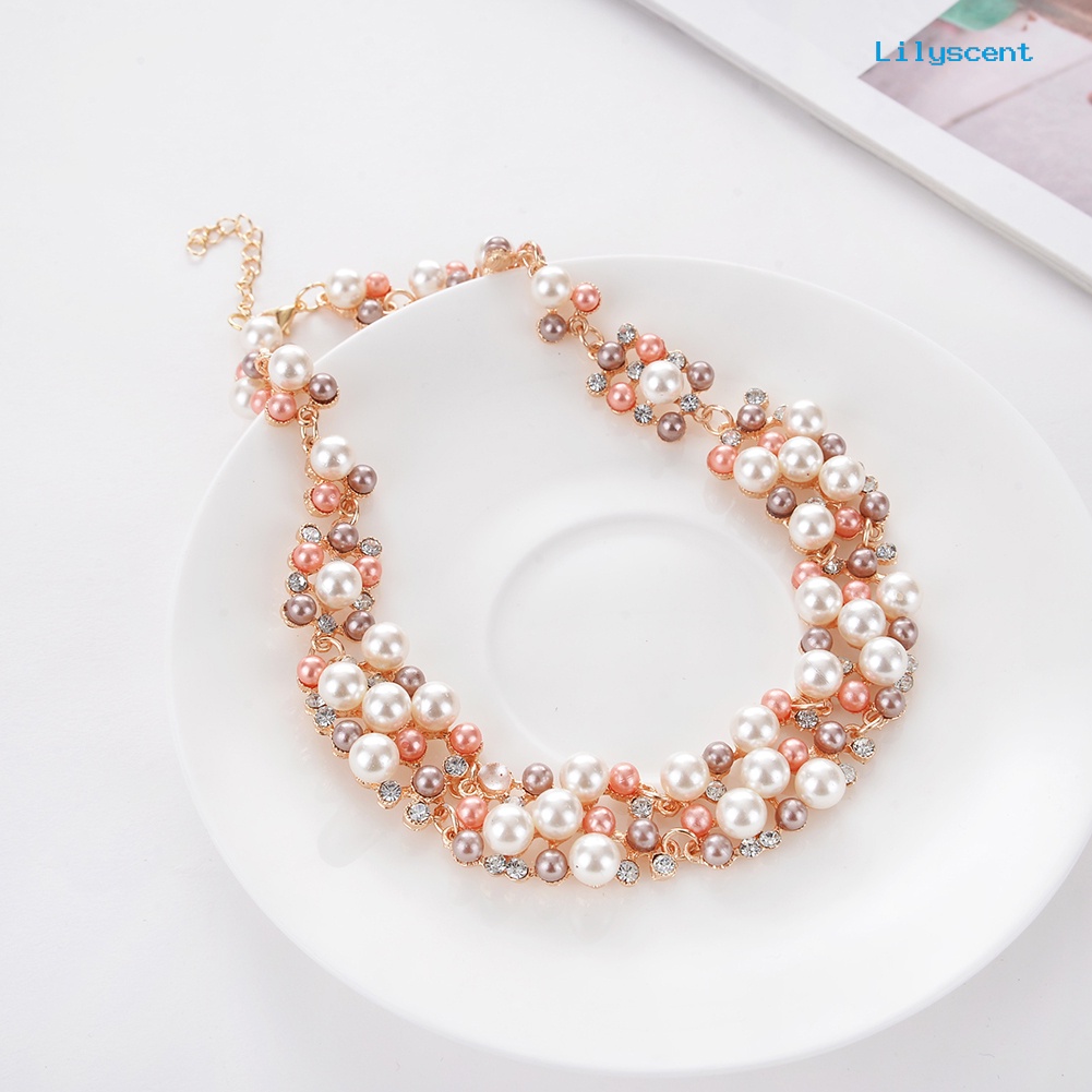 [LS]2 Pcs Wanita Fashion Mutiara Imitasi Hias Berlian Imitasi Kalung Anting Set Perhiasan