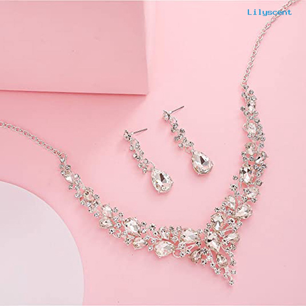 [LS]Alloy Set Perhiasan Pernikahan Hollow Out Berlian Imitasi Mengkilap Ringan Kalung Anting Set Untuk Perjamuan