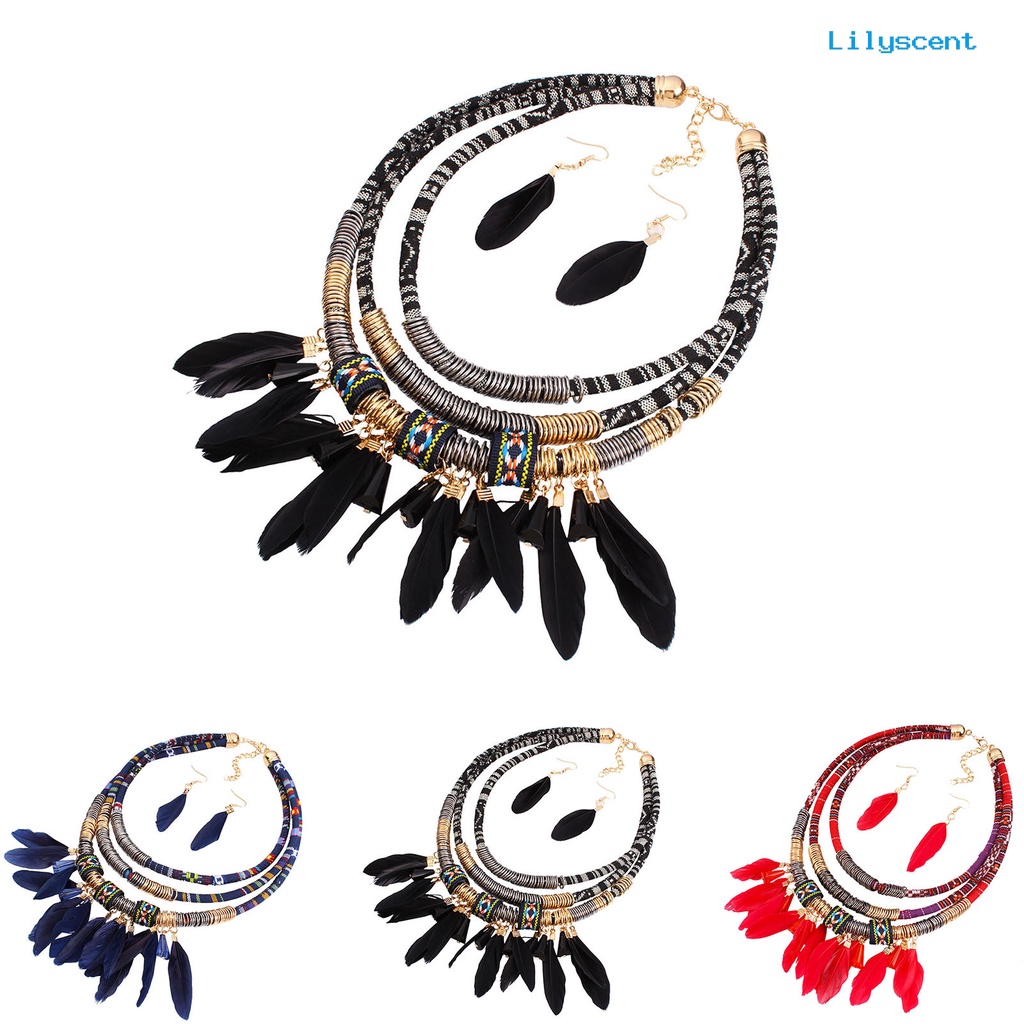 [LS]2Pcs /Set Bulu Rumbai Kalung Anting Set Multilayer Alloy Bohemian Etnik Perhiasan Set Perhiasan Aksesori