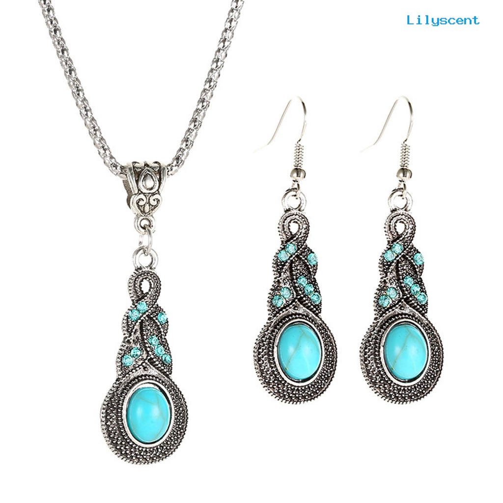 [LS]1 Set Wanita Kalung Anting Imitasi Turquoise Vintage Jewelry Set Perhiasan Berkilau Electroplating Untuk Pesta