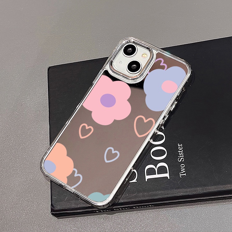 IPHONE Casing Ponsel Cermin Bunga Pink Biru Kompatibel Untuk Iphone11 12 13 14 12Pro 13Pro 14Pro Pro Max XR X XS Max Electroplating Tombol Perlindungan Mirror Cover