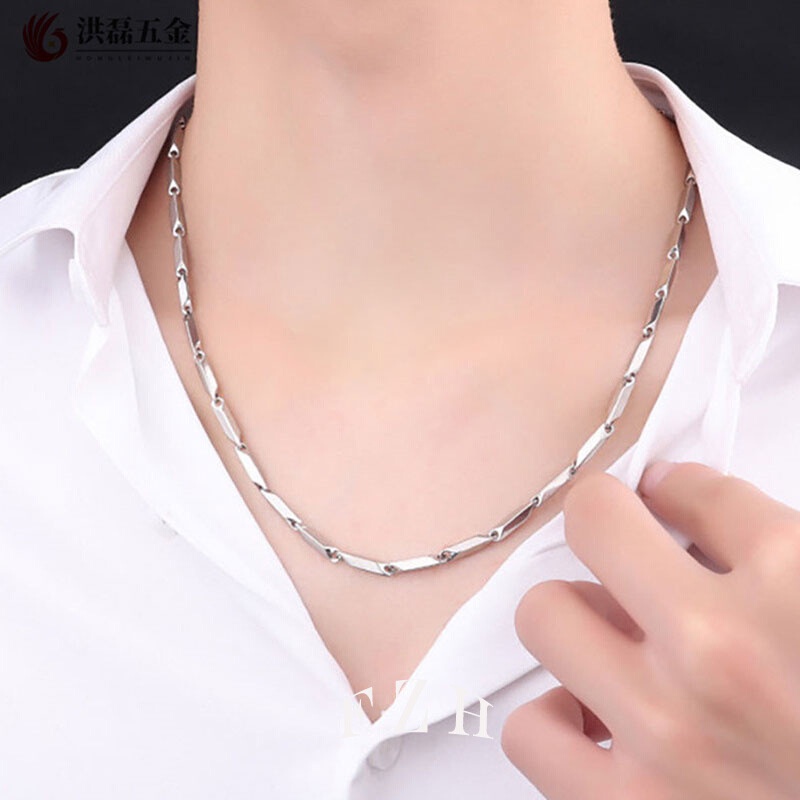 Kalung Baja Titanium Pria Trendi Rantai Bambu ins Hip-Hop Kalung Sederhana Rantai Unik Cahaya Mewah Niche Boy Lock