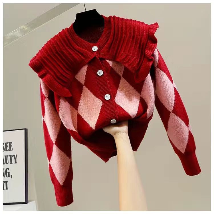 MONA WOMAN KNIT CARDIGAN IMPORT KOREAN STYLE BAJU RAJUT WANITA MUSIM DINGIN - MERAH