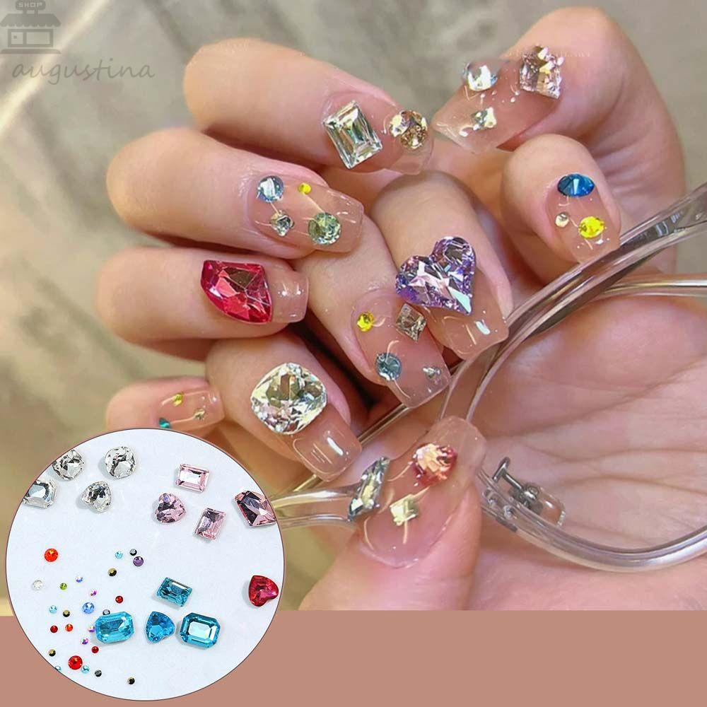 AUGUSTINA Agustina Kuku Berlian Imitasi Warna-Warni DIY Bawah Datar AB Permata Berlian Desain Campur Manikur Aksesoris