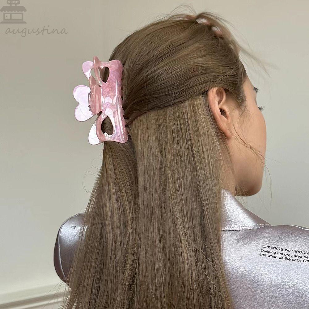 AUGUSTINA Love Heart Hair Claw Temperamen Geometris Kreatif Untuk Gadis Asam Asetat Hiu Klip Hiasan Kepala Besar Untuk Wanita Women Hair Clip