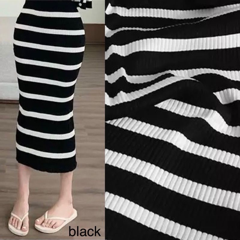 (R270) Rib midi skirt knit motif stripe 70cm / rok rajut midi garis