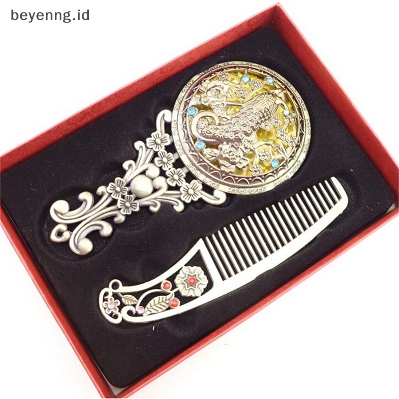 Beyen 2PCS Bronze Cermin Genggam Berongga Kosmetik Compact Mirror Comb Set Gift Box ID
