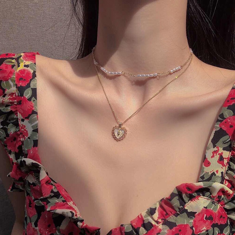 Niche Desain Retro Cinta Mutiara Double-Layer Klavikula Rantai Kalung ins Trendi Influencer Sederhana Berkelas Kalung Perempuan