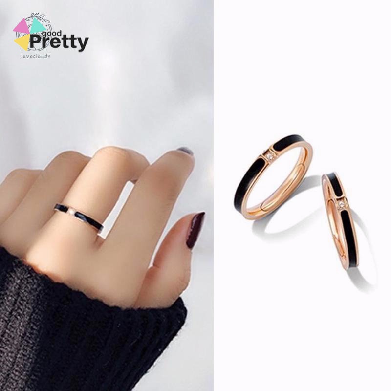 Cincin Wanita Titanium Berlian Imitasi untuk Pria Wanita Stainless Steel Aksen Cincin hitam P