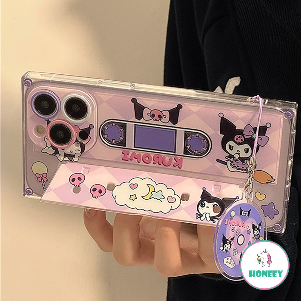 Kartun Sanrio Hello Kitty Cinnamoroll Tape CD Invisible Bracket Dengan Liontin Phone Case Untuk Iphone14 13 12 Pro Max Case iPhone 11tutup Belakang