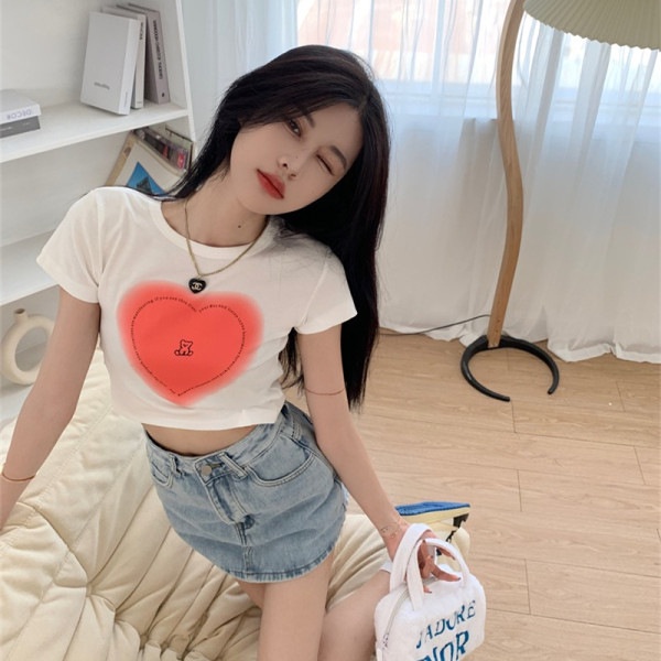 MMM Baju Croptop Wanita Motif Love Beruang Model Kekinian Kaos Atasan Wanita T-Shirt Women Short Sleeve  Kode 6819 Atasan Lucu Croptop