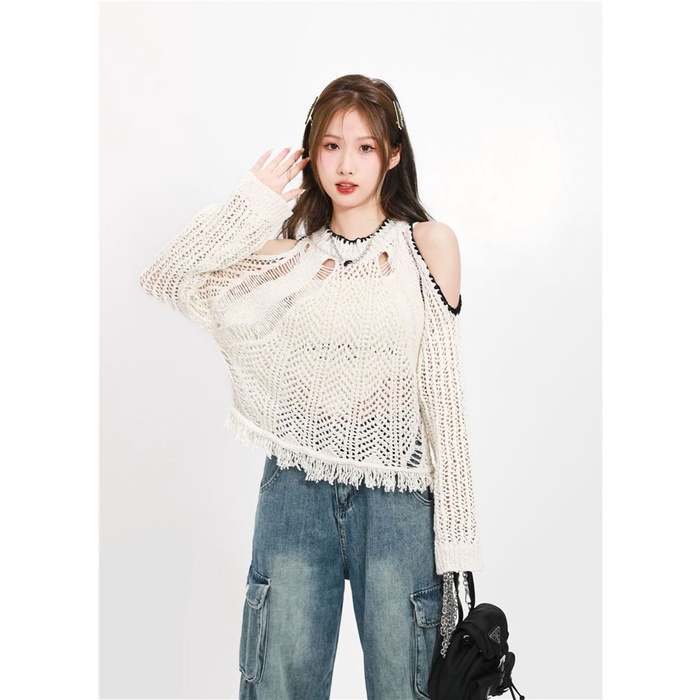 Sweater Rajut Wanita Lengan Panjang Off-The-Shoulder Berpohon Hood Cutout Top