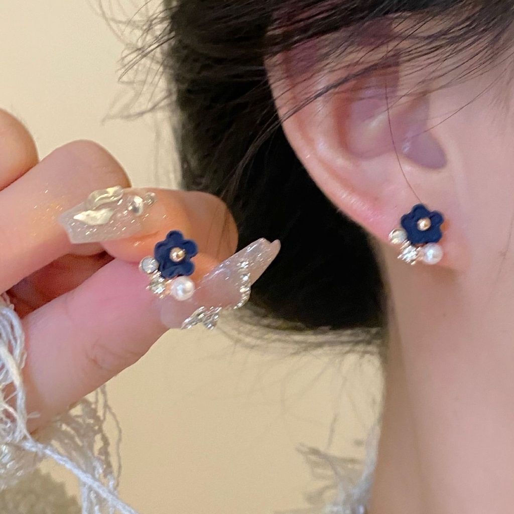 Anting Biru Manis Dan Kompak Dan Klip Telinga Anting Indah Sederhana Dan Elegan Baru
