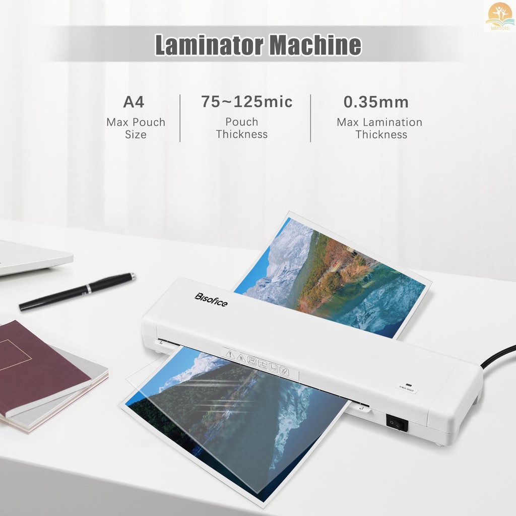 In Stock Bisofice Mesin Laminator Desktop Ukuran A4 Laminasi Panas 2 Sistem Rol Lebar 230mm Pemanasan Cepat Cocok Untuk 75~125mic Pouch Untuk Perlengkapan Rumah Kantor Sekolah