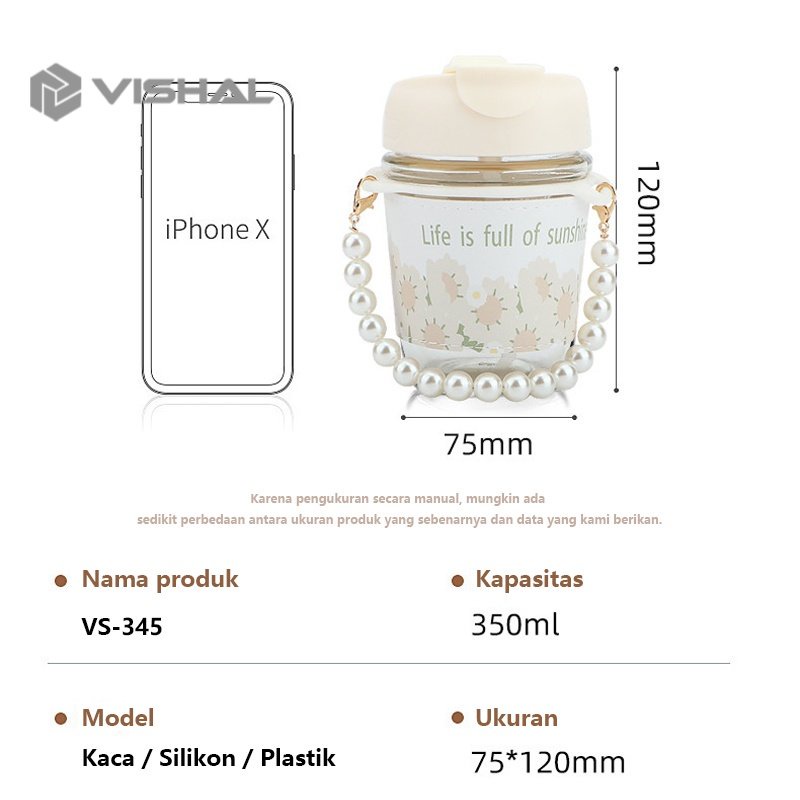 VISHAL Botol Korea Sunflower Aesthetic Tali Mutiara / Botol Minum Kaca Motif Bunga Matahari Botol Travel Lucu Unik VS-345