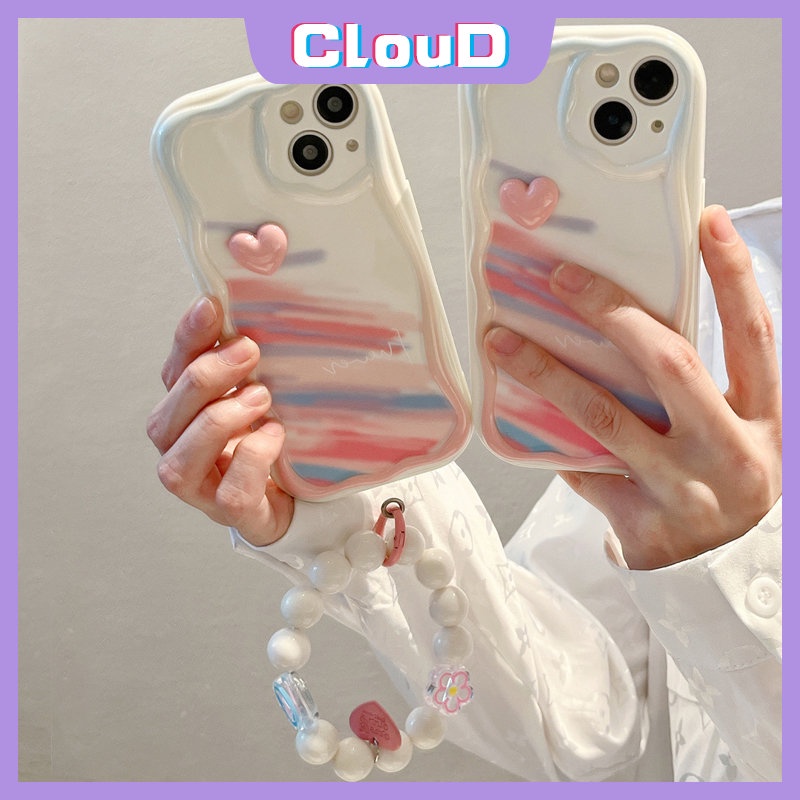 Case Tepi Melengkung Bergelombang Stereo 3D Kompatibel Untuk IPhone 7Plus XR X8 6 7 6s Plus XS Max SE 2020 11 13 14 12 Pro Max Love Heart Hand Strap Gelang Watercolor Graffiti Rainbow Cover