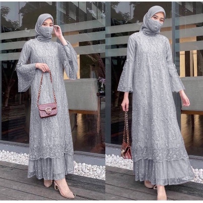 New Trend Style GAMIS GELA WANITA KEKINIAN TILE BORDIR MUTIARA MAXI, GAMIS PESTA NEW - MINT, M