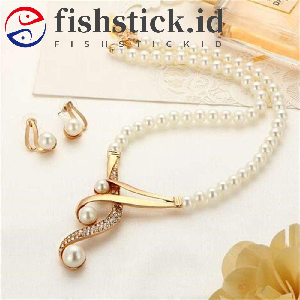 Fishstick Wanita Set Perhiasan Elegan Bergaya Temperamen Mutiara Fashion Perhiasan Gadis Hadiah Berlian Imitasi Alloy Gaya Korea Anting
