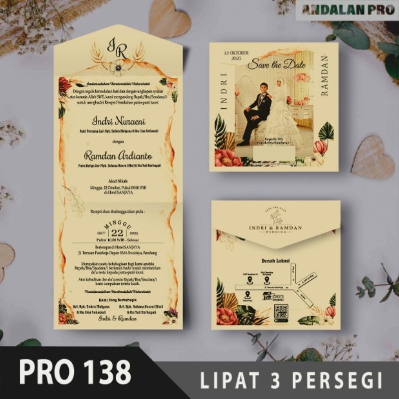 Kode Toko: S3 - 50 Desain Undangan Lipat 3 Persegi Bahan Jasmine LIGHT CREAM - Cetak Undangan  Termu