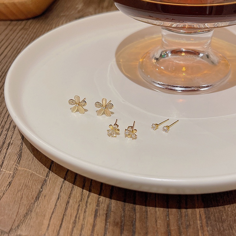 925 Perak Jarum Sederhana Opal Stud Anting Set Wanita Fashion Zirkon Bunga Perhiasan