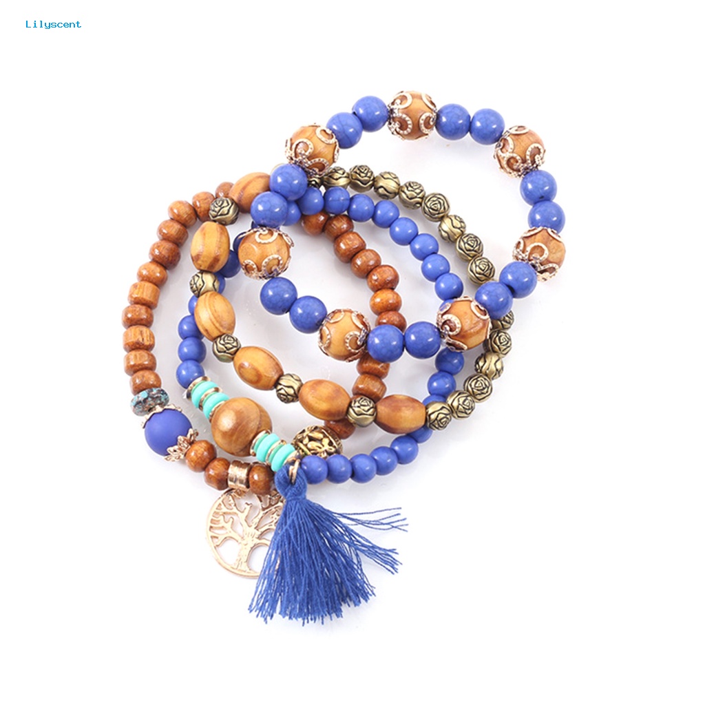 Lilyscent 4 Pcs Unisex Fashion Manik-Manik Kayu Rumbai Untai Bangle Gelang Perhiasan Hadiah