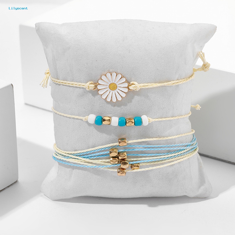 Lilyscent 3Pcs/Set Bohemian Wanita Manik Bunga Pesona Tali Gelang Bangle Perhiasan Hadiah