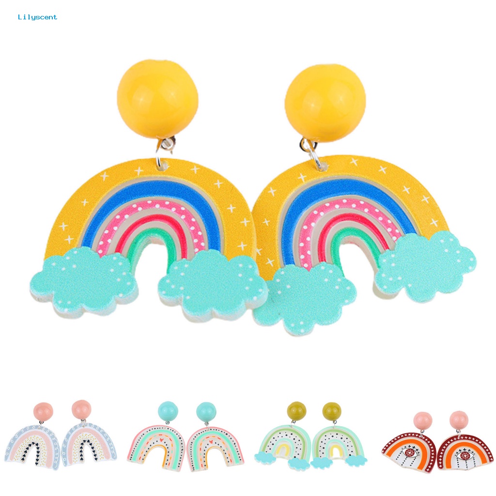 Lilyscent 1pasang Anting Tetes Pelangi Yang Indah Untuk Bar Acrylic Ringan Awan Pelangi Menjuntai Drop Earrings Tepi Halus