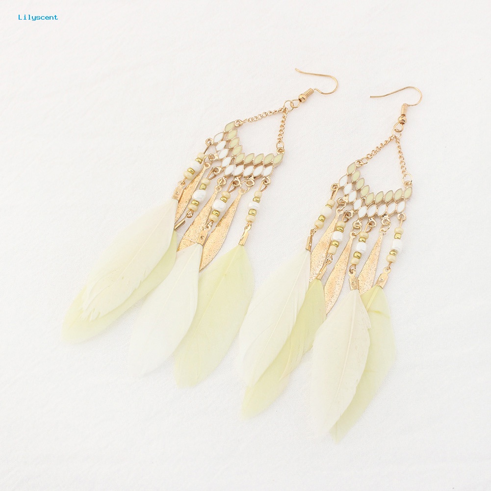 Lilyscent Vintage Panjang Menjuntai Bulu Boho Kait Anting Wanita Menawan Perhiasan Hadiah