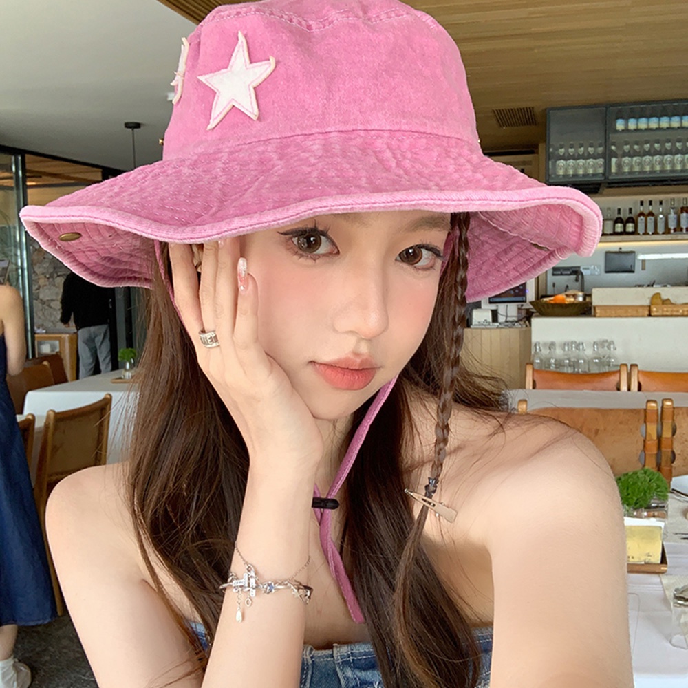 Topi Koboi Vintage Pink Y2K Gadis Keren Musim Panas Outdoor Pendaki Gunung Tabir Surya Fisherman Hat