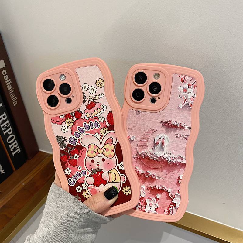 Cute Oil Painting Moon Bunny Soft Case iP iPhone 7 8 Plus SE 2020 X XR XS Max 11 12 13 14 Pro Max FTD Pink Wave Casing Apple