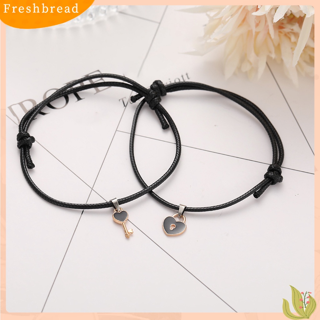 &lt; Freshbread &gt; 1pasang Gelang Couple ic Adjustable Tali Kepang Elastis Retro Hias Hadiah Kunci Cinta Hati Wanita Pria Pesona Gelang Perhiasan Untuk Kehidupan Sehari-Hari