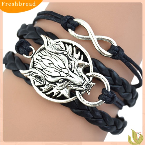 &lt; Freshbread &gt; Wanita Retro Serigala Kepala Pesona Tak Terbatas Dikepang Kulit Imitasi Gelang Tali Lilin