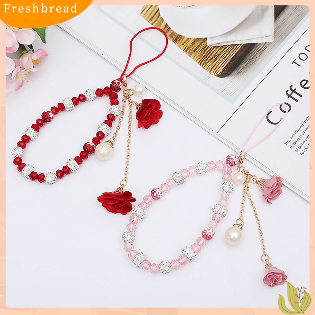 &lt; Freshbread &gt; Wanita Gelang Kristal Imitasi Manik-Manik Bunga Liontin Mutiara Imitasi Pendek Hias Portabel Lady Gelang Ponsel Tali Lanyard Aksesori Busana