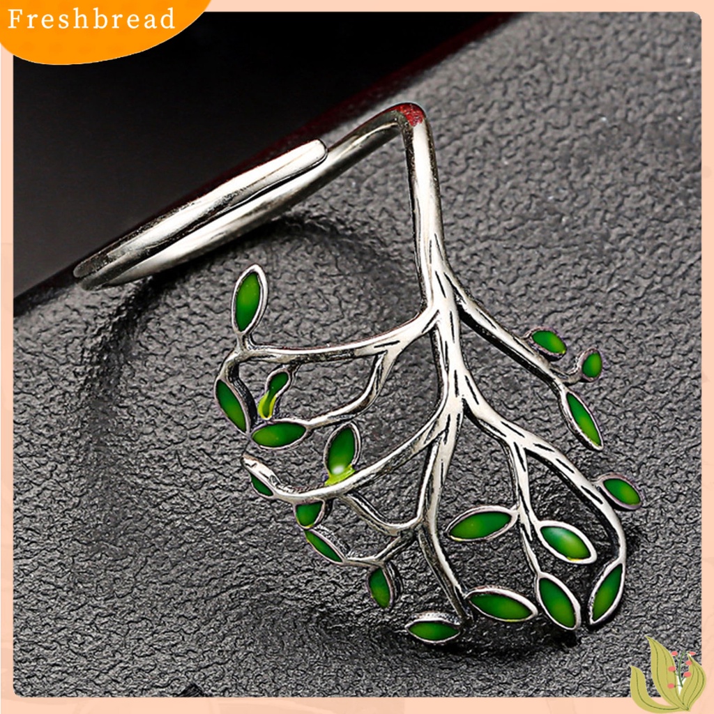 &lt; Freshbread &gt; Cincin Unisex Bukaan Adjustable Tembaga Cabang Hijau Daun Cincin Perhiasan Aksesoris