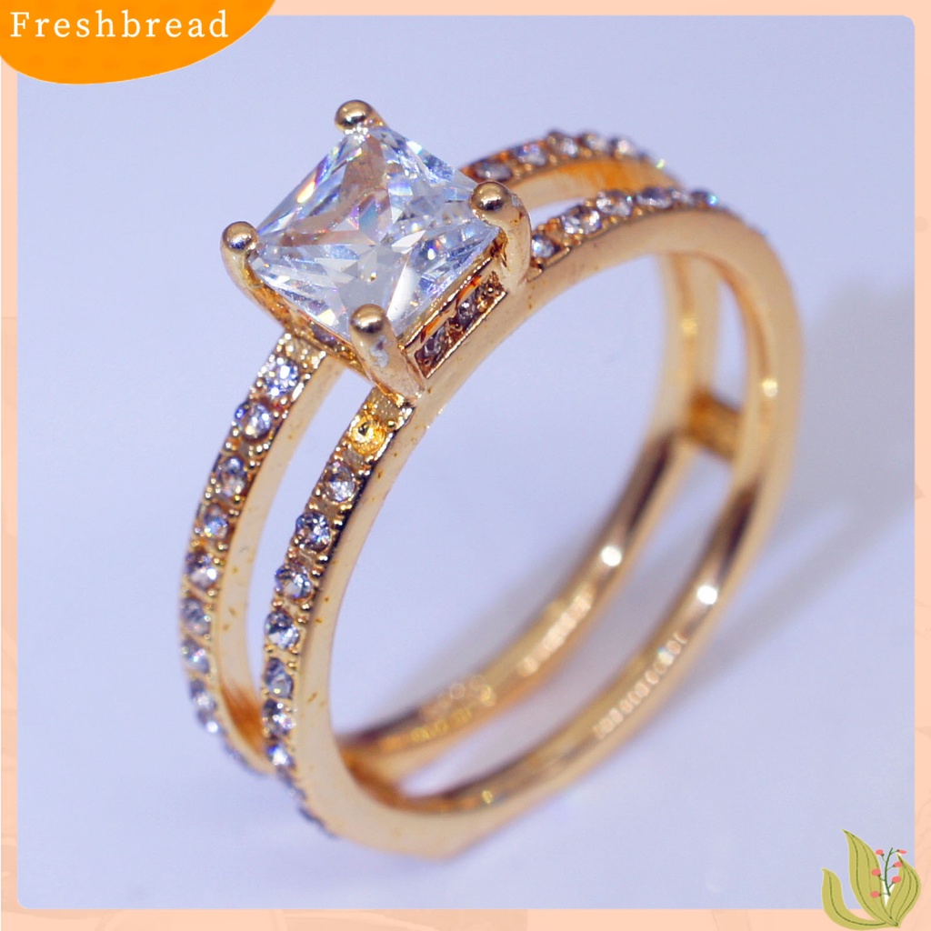 &lt; Freshbread &gt; Wanita Cincin Lapisan Ganda Persegi Berlian Imitasi Perhiasan Fashion Penampilan Indah Jari Cincin Untuk Pernikahan