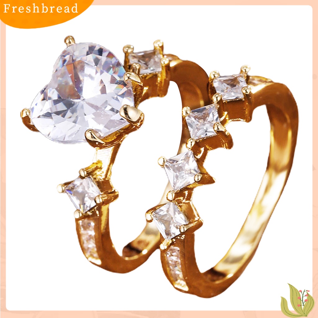 &lt; Freshbread &gt; 2pcs/Set Lady Set Cincin Bentuk Hati Geometris Dipoles Mengkilap Cubic Zirconia Indah Jari Dekorasi Mewah Romantis Cinta Buku Jari Cincin Set Perhiasan