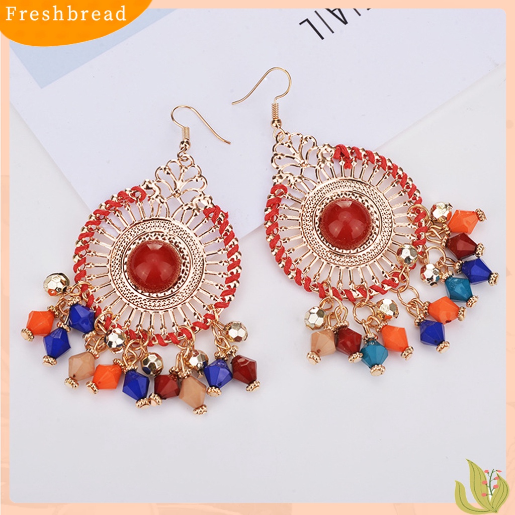 &lt; Freshbread &gt; 1pasang Wanita Anting Kait Warna-Warni Etnik Anti-Cacat Gaya Bohemia Rumbai Drop Earrings Perhiasan Wanita