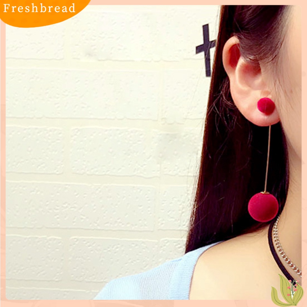 < Freshbread > Rantai Elegan Bola Bulu Panjang Menjuntai Anting Wanita Eardrop Earrings Perhiasan Hadiah