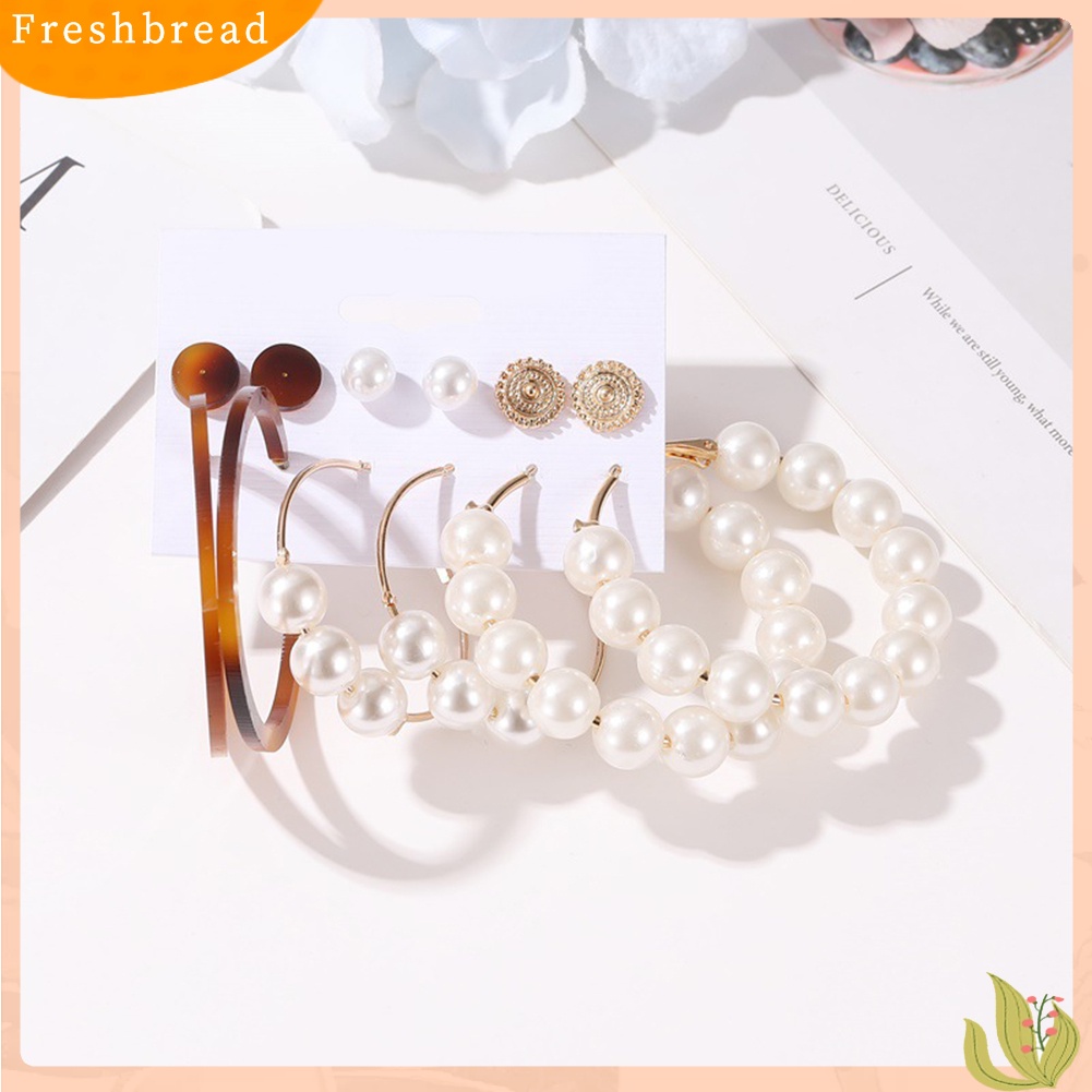 &lt; Freshbread &gt; 6pasang Wanita Mutiara Imitasi Bulat Geometris Menjuntai Ear Stud Hoop Earrings Jewelry