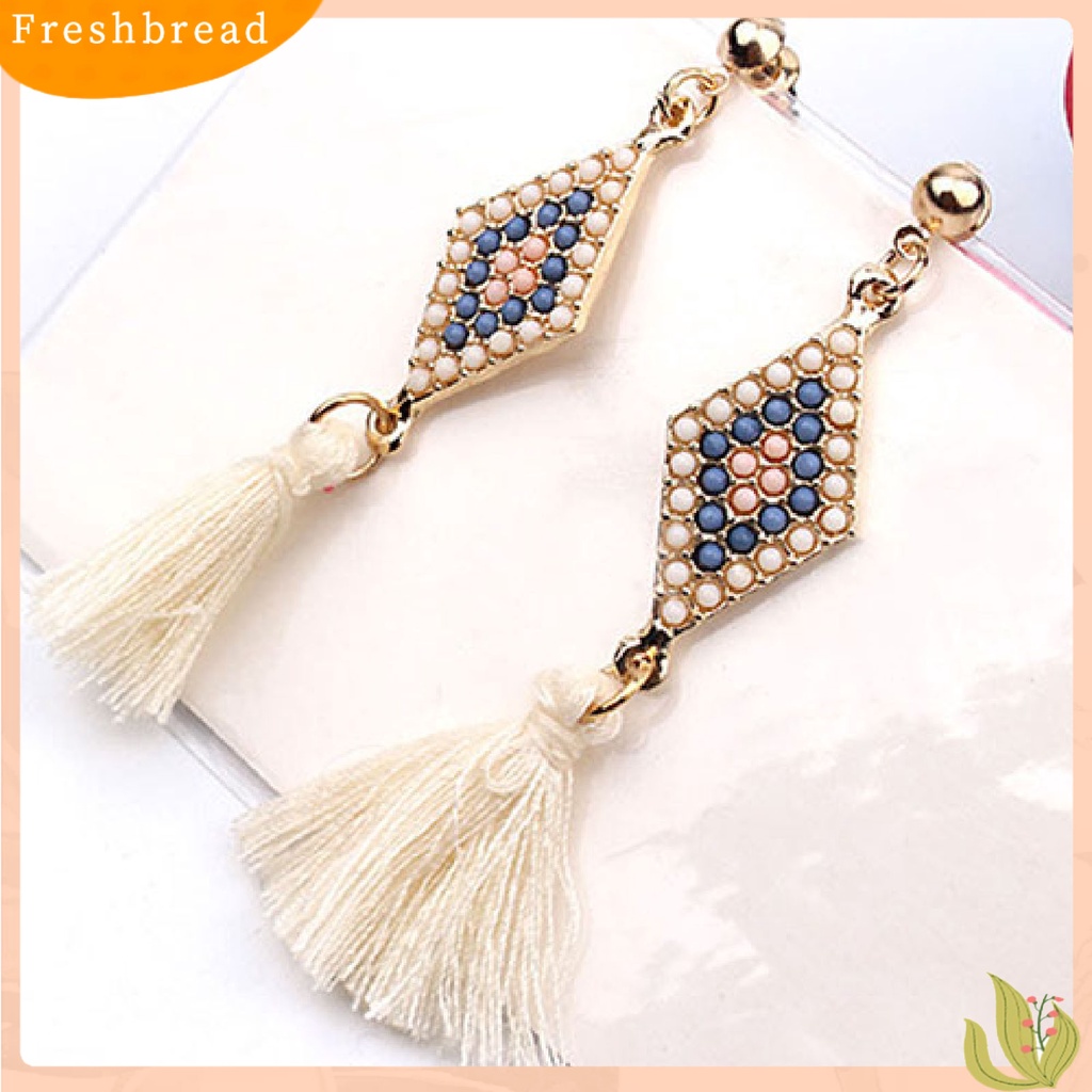 &lt; Freshbread &gt; 1pasang Ear Studs Gaya Folk Elegan Bentuk Rhombic Thread Fringed Earrings Untuk Hadiah