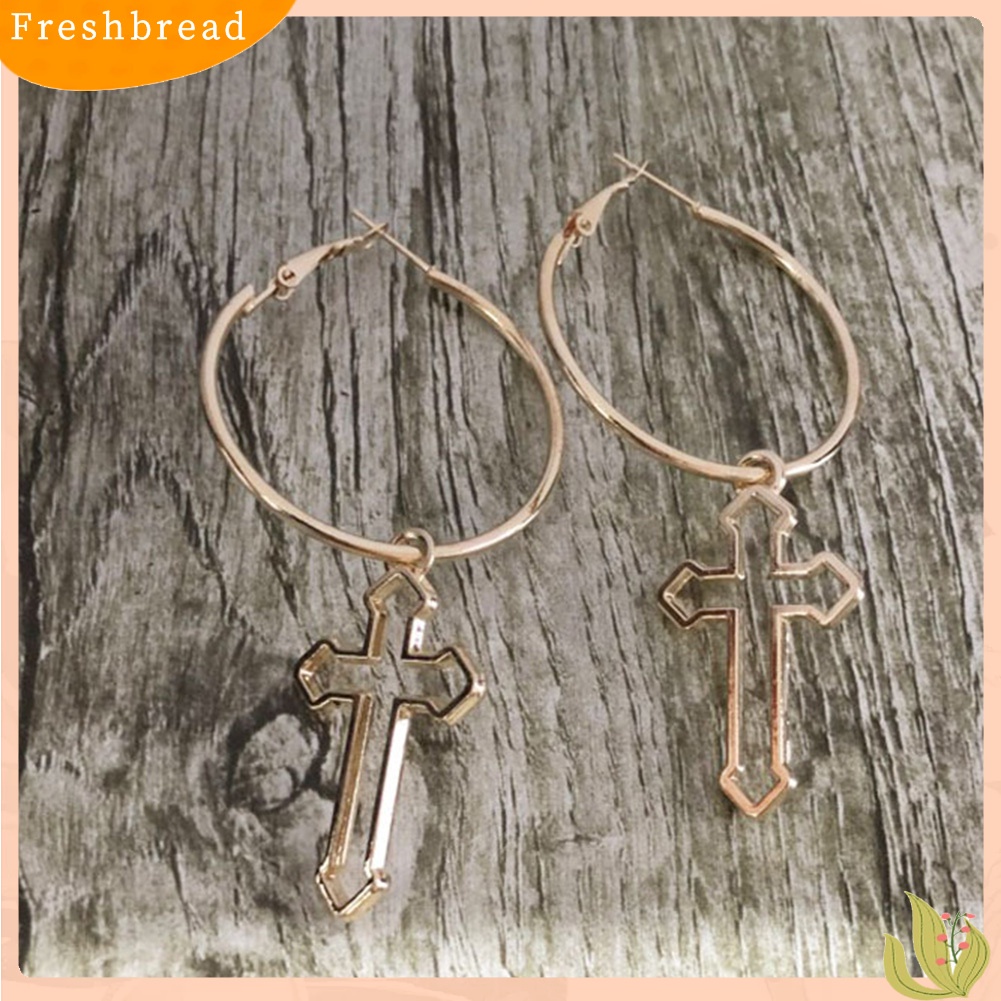 &lt; Freshbread &gt; Punk Wanita Berongga Salib Bulat Menjuntai Drop Hoop Earrings Piercing Perhiasan Hadiah