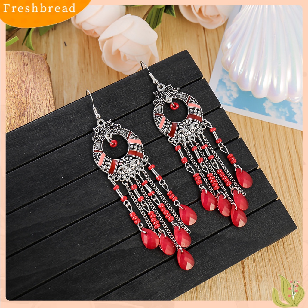 &lt; Freshbread &gt; 1pasang Gaya Etnik Pola Retro Drop Earrings Berlian Imitasi Bohemian Berongga Rumbai Kait Anting Perhiasan Pesta