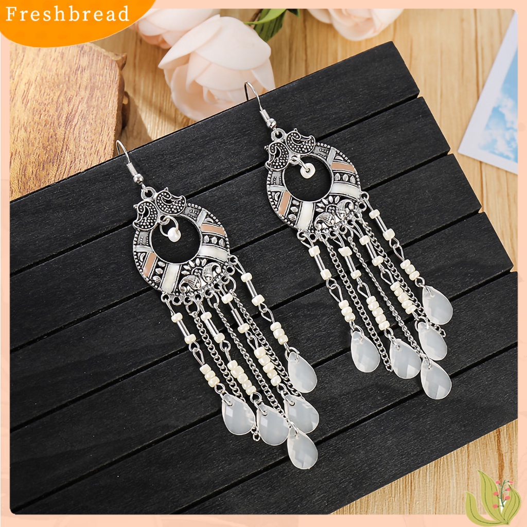 &lt; Freshbread &gt; 1pasang Gaya Etnik Pola Retro Drop Earrings Berlian Imitasi Bohemian Berongga Rumbai Kait Anting Perhiasan Pesta